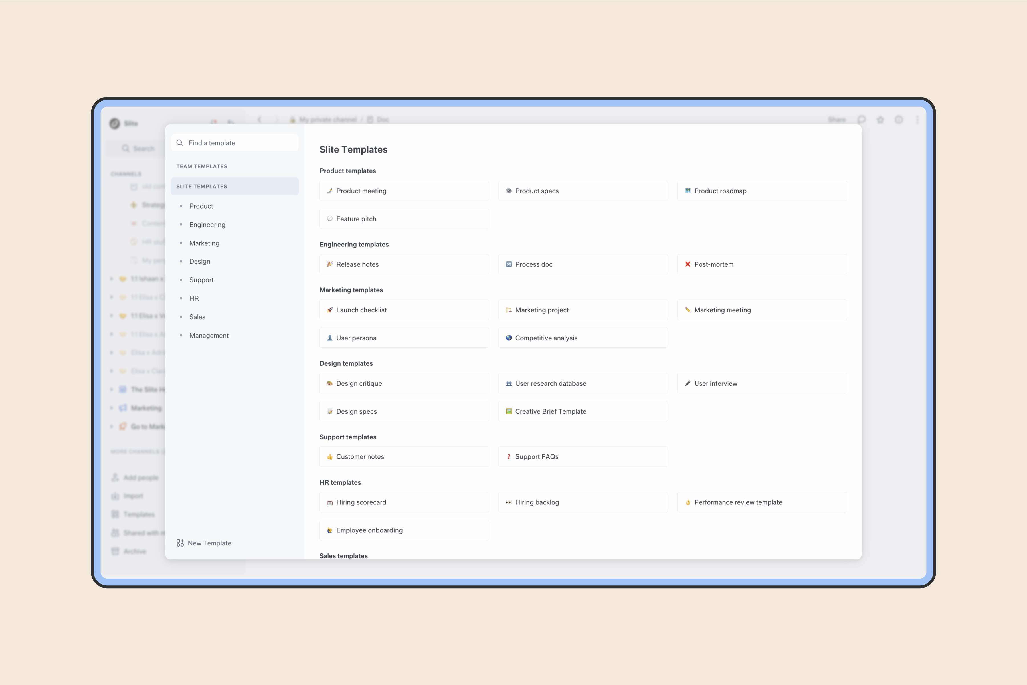 Slite template gallery for setting a default subdoc template inside a recurring meeting collection