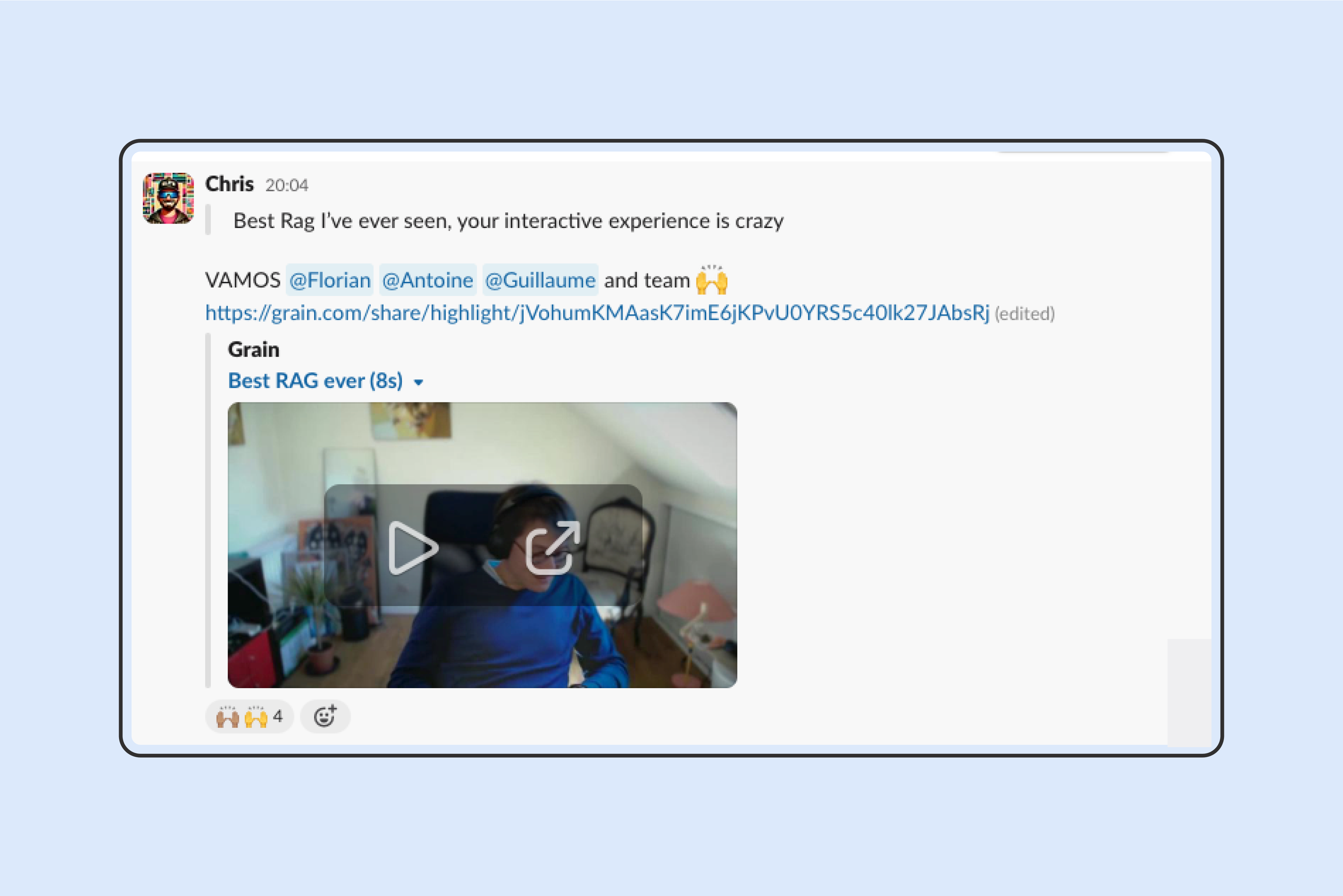 Slack message embedding an AI-generated meeting clip shared from a customer-facing call