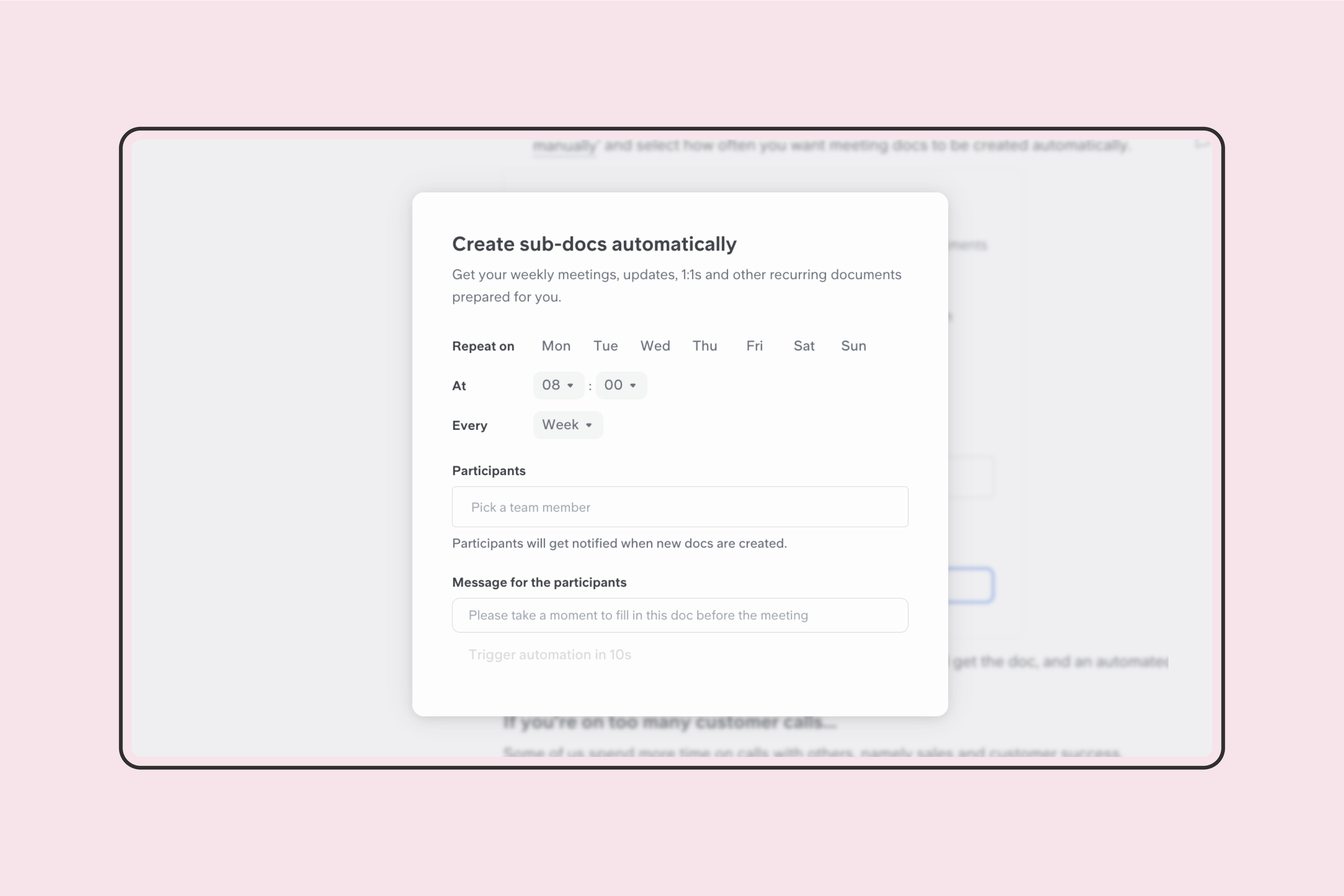 Slite 'Create subdocs automatically' setting with weekly recurrence selected